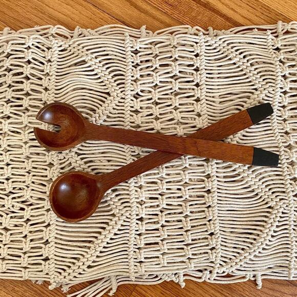 Vintage Chunky Long Wooden Server Set Black Tip Mid Century Slotted Spoon Salad - Picture 2 of 7